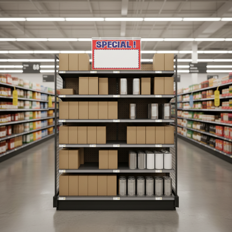 Red and blue SPECIAL price card in a sign holder on top of a supermarket gondola end cap display