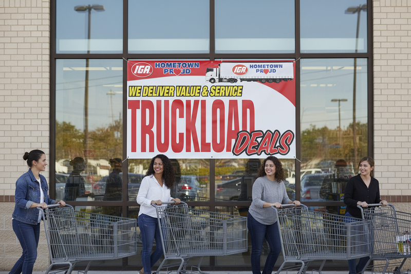 IGA Truckload Deals vinyl banner 5 feet wide hung on an IGA supermarket window or entrance announcing a truckload sale event with shoppers and carts