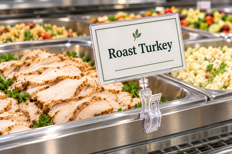 Deli clip-on sign holder with clear protective sleeve clipped to a stainless steel deli pan of sliced roast turkey, holding a horizontal Roast Turkey card in a service case