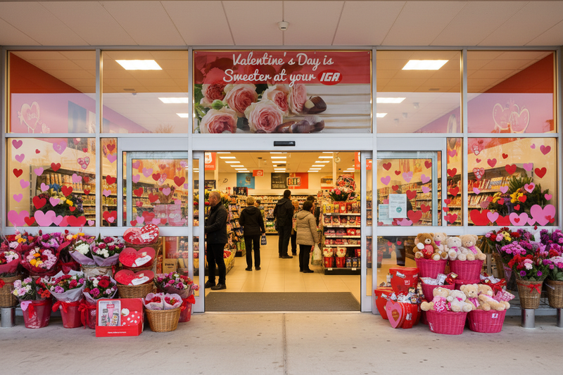 IGA Valentine's Day vinyl banner hung on an IGA supermarket window or entrance with red and pink hearts, romantic seasonal atmosphere, and shoppers browsing floral and candy displays