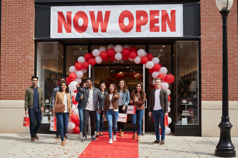Now Open vinyl banner 8 feet wide hung on the exterior of a retail storefront grand opening with excited customers approaching the entrance and a celebratory atmosphere