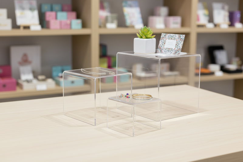Clear acrylic display risers in graduated 3-inch, 4-inch, and 5-inch sizes elevating jewelry and gift items in a boutique retail setting, lifestyle merchandising view