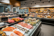 Chalkboard dial-a-price tags displayed with separate clips across seafood, meat, deli, and bakery departments