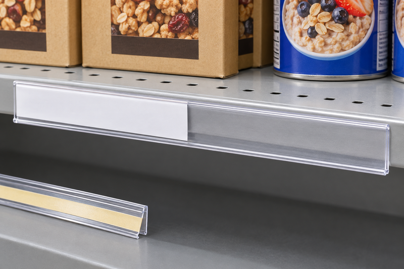 Clear 48-inch adhesive C-channel price rail installed on a grocery gondola shelf edge with a white price insert partly slid into the channel