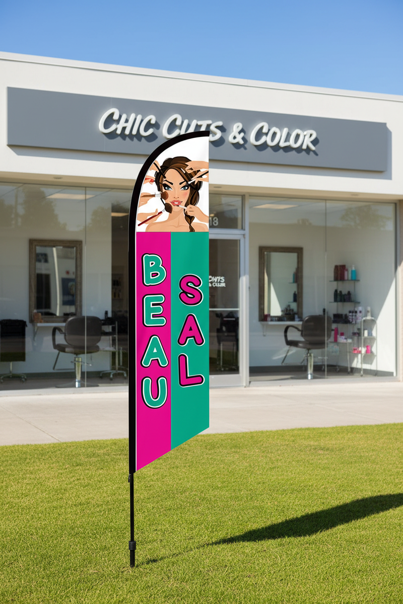 Beauty Salon feather flag standing on green grass in front of hair salon on aluminum pole with ground spike