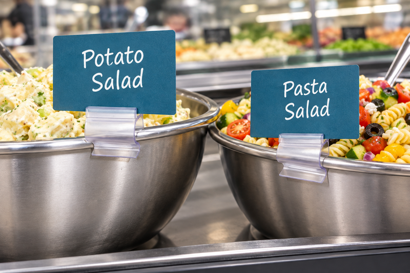 Clear plastic 2-way sign holders saddled on stainless steel deli bowl rims, holding Potato Salad and Pasta Salad signs in a supermarket service case