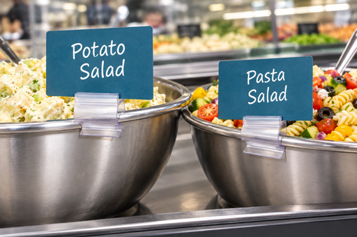 Clear plastic 2-way sign holders saddled on stainless steel deli bowl rims, holding Potato Salad and Pasta Salad signs in a supermarket service case