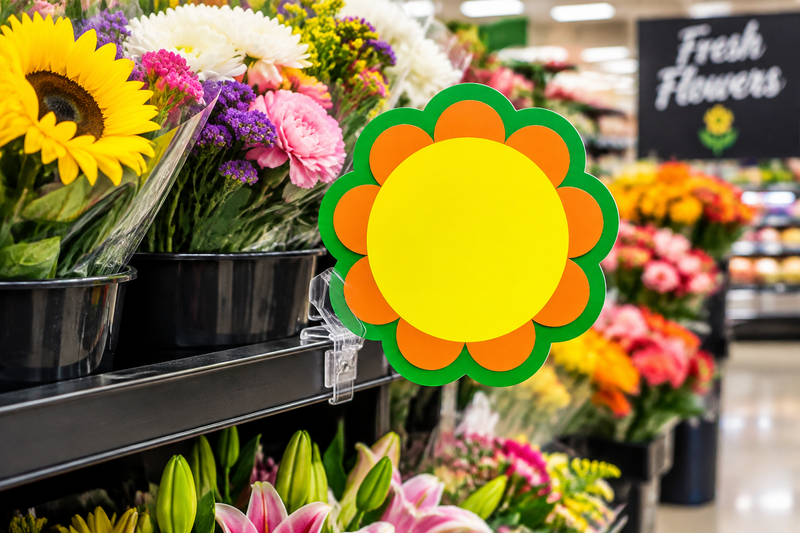 Die-cut daisy floral shelf sign clipped into a shelf-edge holder near fresh cut flowers in a supermarket floral department