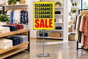 Yellow 22 x 28 Clearance Sale cardstock poster in a chrome floor stand beside retail clearance merchandise.