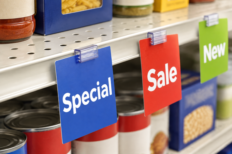 Clear ridged grip sign clips on a perforated gondola shelf edge holding hanging Special, Sale, and New promotional shelf signs in a grocery aisle