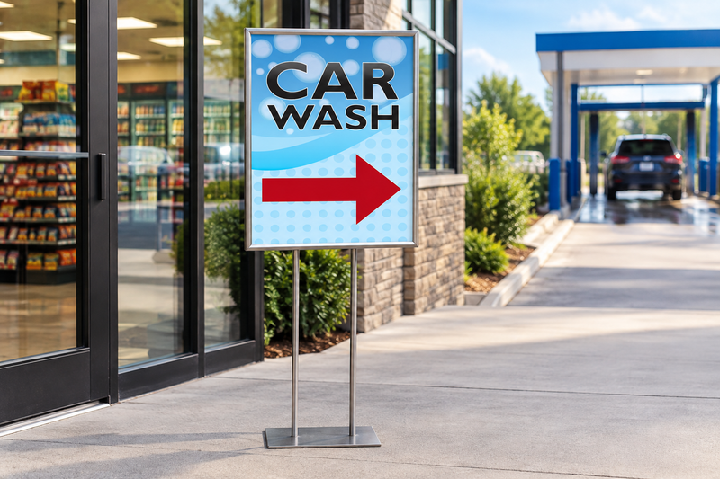 Car Wash right-arrow 22 × 28-inch poster with black lettering and blue bubble background displayed in a floor stand near a convenience store entrance.