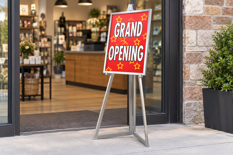 Satin-chrome folding floor sign easel displaying red Grand Opening artwork at a retail store entrance.
