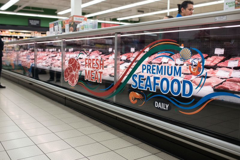 Custom printed case decal cling applied to retail service meat case glass with bold colorful graphics in supermarket