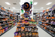 Halloween witch door cover sign used as a backdrop behind a Halloween seasonal retail display