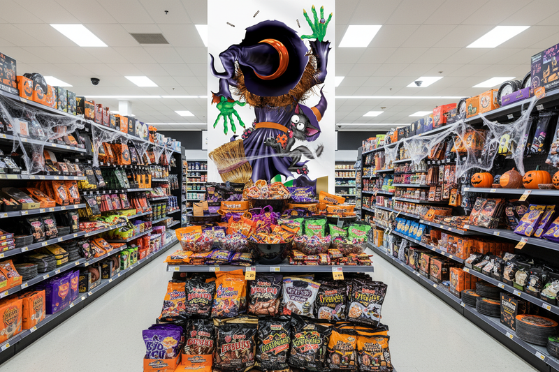 Halloween witch door cover sign used as a backdrop behind a Halloween seasonal retail display