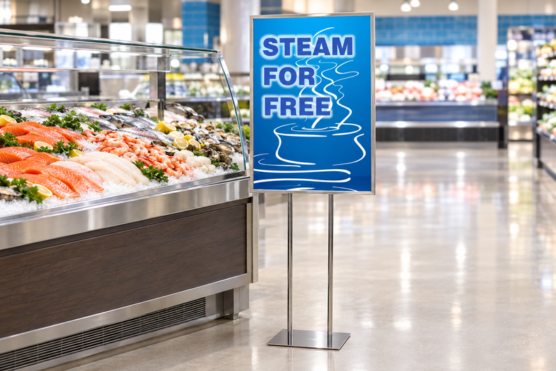 Blue Steam for Free 22 by 28 inch poster in a chrome floor stand beside a supermarket seafood counter; stand sold separately.