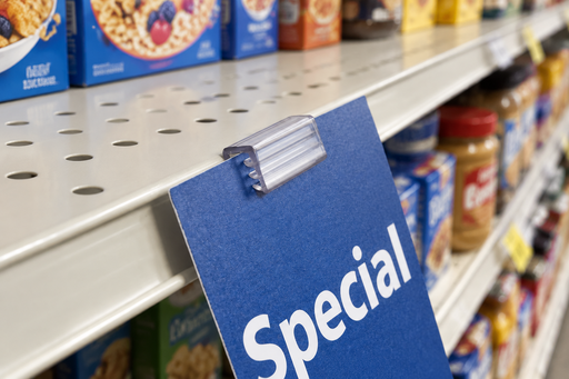 Close-up of a clear one-inch Super Grip shelf sign clip gripping a blue Special paper sign on a grocery shelf