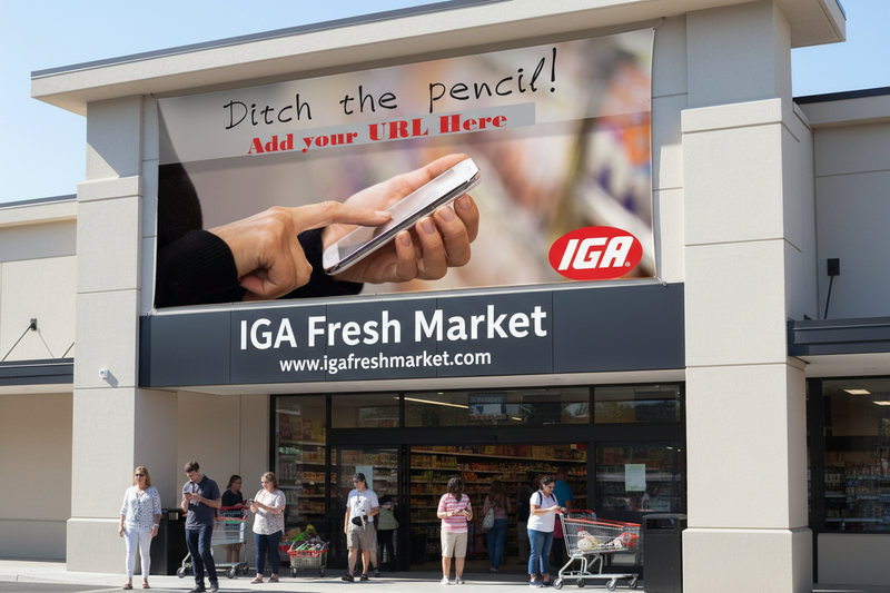 IGA Online Shopping semi-custom vinyl banner 8 feet wide with store name and website URL, hung on an IGA supermarket exterior with customers using smartphones