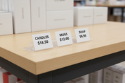 Low-profile clear easel rail runner on a retail display table holding short price cards for candles, mugs, and soap