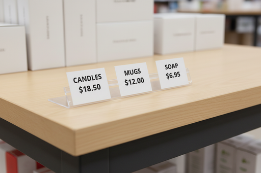 Low-profile clear easel rail runner on a retail display table holding short price cards for candles, mugs, and soap