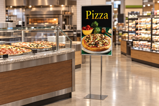 Black Pizza 22 by 28 inch poster with yellow lettering in a chrome floor stand beside a deli pizza counter; stand sold separately.