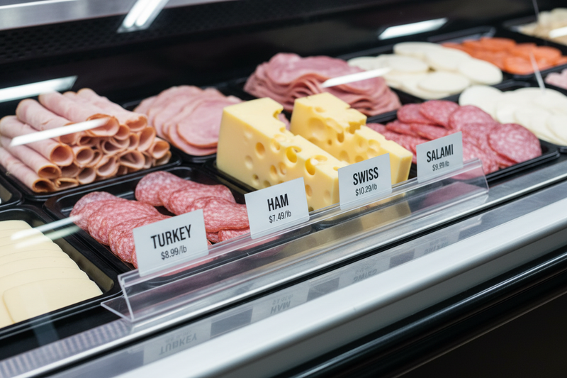 Clear 24 in easel deli rail runner inside a deli case holding four product name and price cards in front of sliced meats and cheeses
