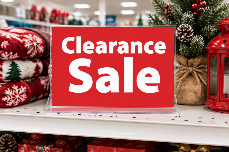 Clearance Sale 11 x 7 shelf sign price card in clear holder on a seasonal retail shelf