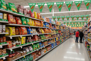 Football game day pennant banners hanging above a seasonal football retail store display