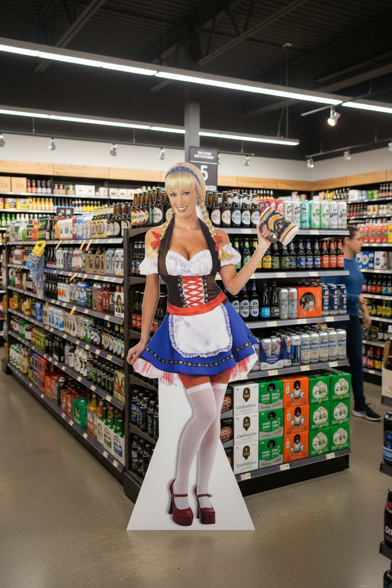 Custom-printed life-size floor standee displayed inside a beer and spirits retail store, positioned near beer shelves as a point-of-sale display.