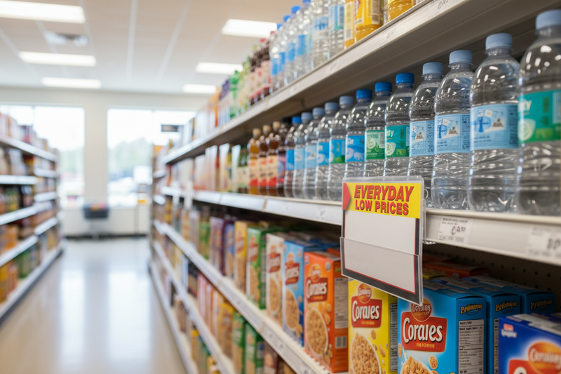 Everyday Low Price shelf sign in retail store sign holder on grocery store shelving – lifestyle in-store display