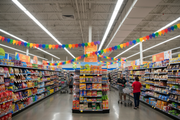 Tissue Balloon Display Garland 12-Pack hanging in a retail store seasonal display