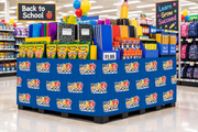 Back 2 School corrugated base pallet wrap on a retail store school supplies end cap display