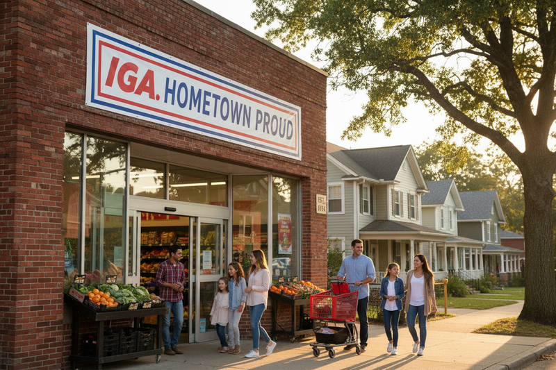 IGA Hometown Proud vinyl banner 10 feet wide hung on an IGA supermarket exterior in a small-town neighborhood setting