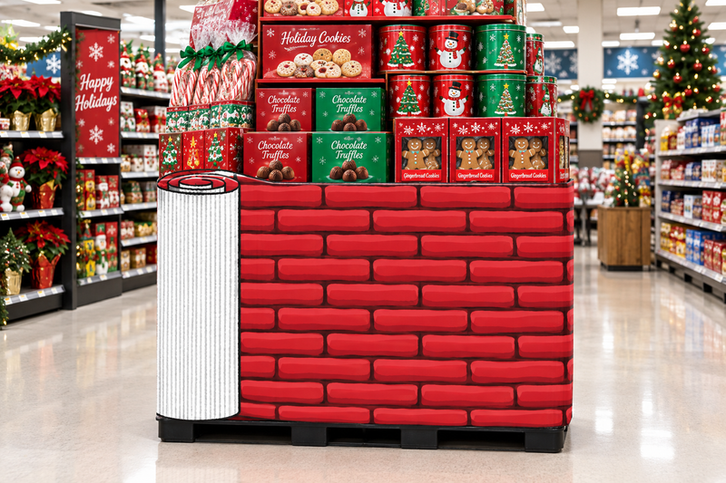 Christmas Brick corrugated base pallet wrap on a grocery store holiday cookie end cap display