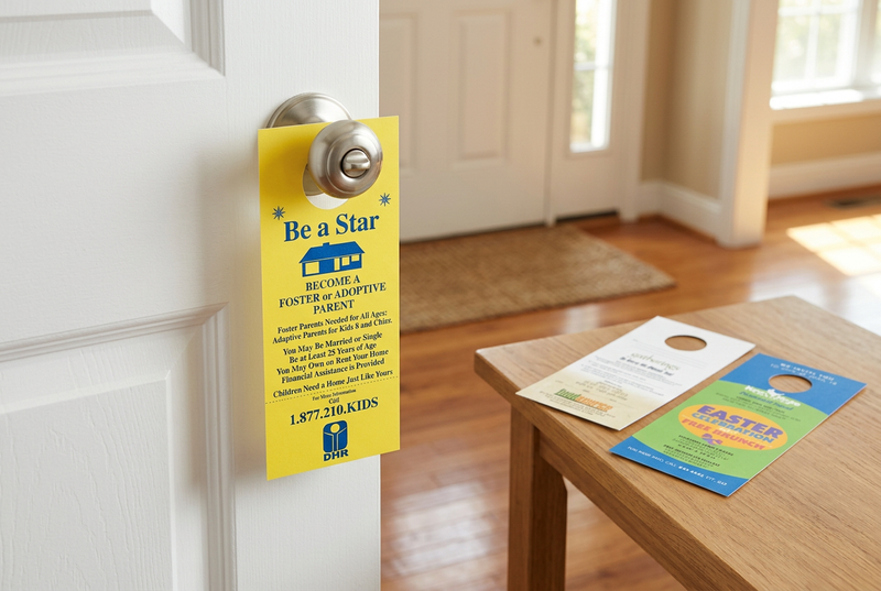 Custom printed yellow door hanger on an entry doorknob with two promotional samples on a nearby table