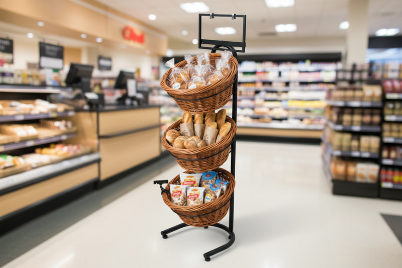 Full-height three-tier black steel floor display fixture with three removable round wicker baskets filled with bakery products in a grocery store