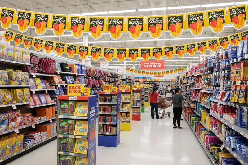 Back to School Pencil Display Garland 6-Pack hanging in a retail store seasonal display