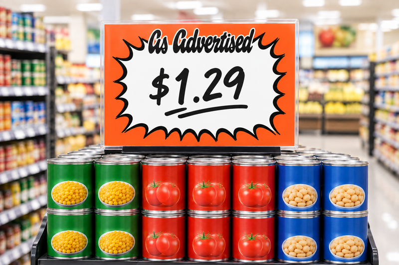 Full-size 14 x 11 inch As Advertised orange starburst shelf sign with handwritten $1.29 price in a clear sign holder atop a supermarket end cap of canned goods