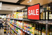Metal frame magnetic sign holder displaying a red SALE sign on top of a metal grocery store shelf, SKU SH711MG