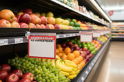 As Advertised red and black shelf signs displayed in sign holders on a retail grocery store shelf