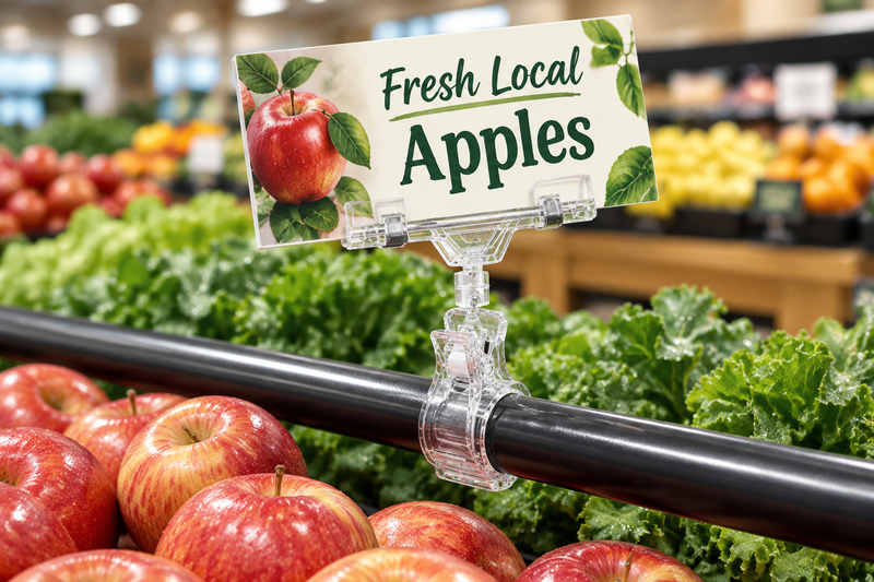 Clear all-plastic spring clip-on sign holder clamped to a produce display rail, its swivel knuckle angling a Fresh Local Apples sign above apples and greens