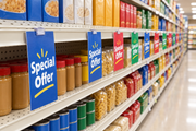 Clear G grip sign clips value pack in use across a supermarket aisle, holding hanging Special Offer promo signs along perforated gondola shelf edges