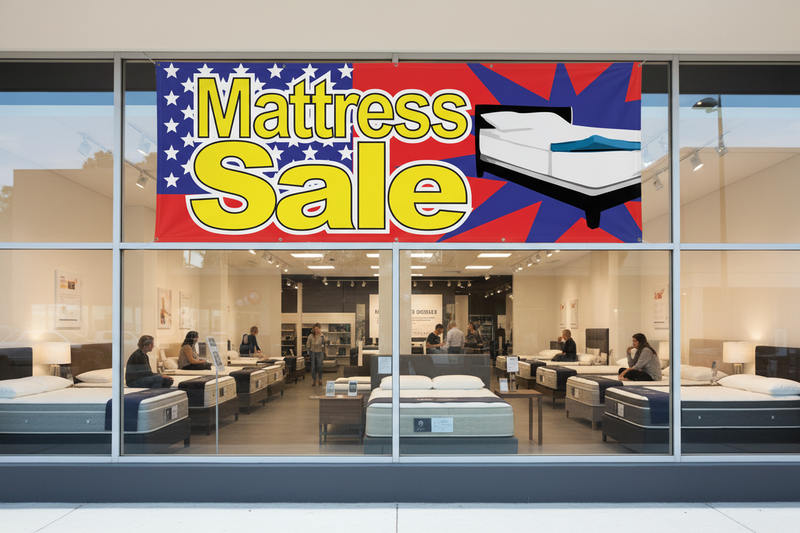 Mattress Sale vinyl banner 8 feet wide hung on the exterior of a furniture and mattress retail store with customers browsing mattress displays inside