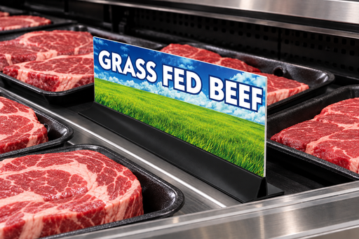 Illustrative Grass Fed Beef meat case divider with a slim printed sign in a low-profile black base among unlabeled meat trays