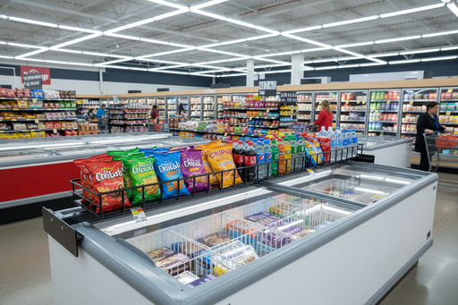 Refrigerated coffin case adjustable bridge rack installed on top of a grocery store coffin cooler with cross-merchandised snacks and beverages on display.
