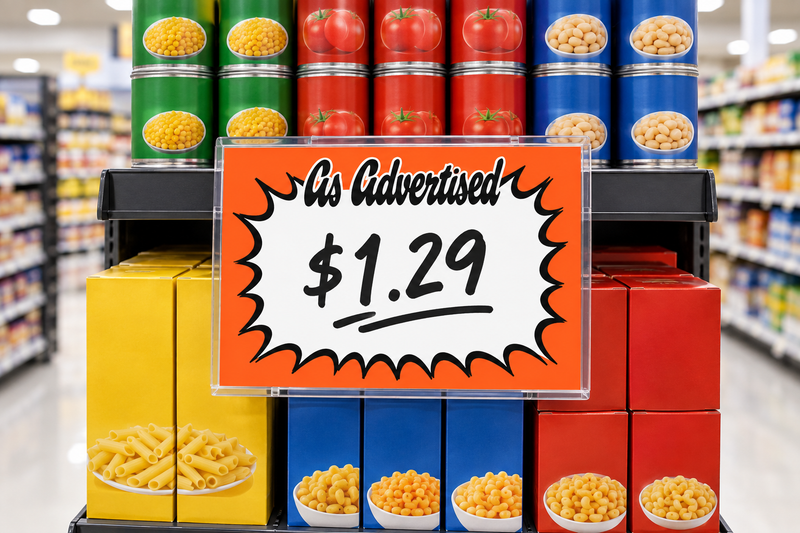 As Advertised orange starburst 14 x 11 inch shelf sign price card with handwritten price in a clear sign holder on a supermarket end cap display