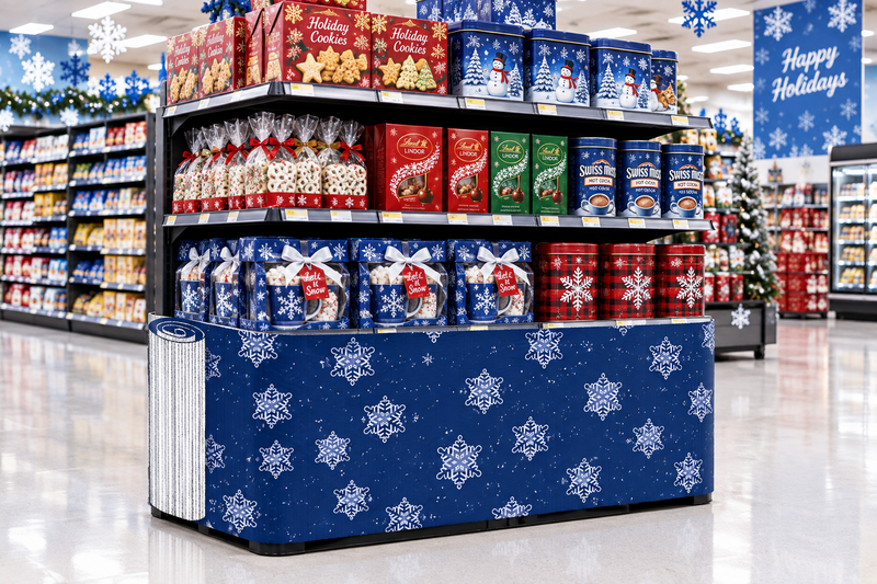 Snowflakes corrugated base pallet wrap on a grocery store winter holiday end cap display