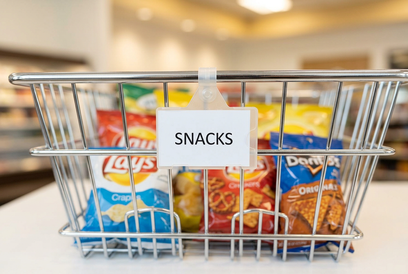 Covered side-loading label holder hanging from its hinged clasp on a chrome wire snack basket.