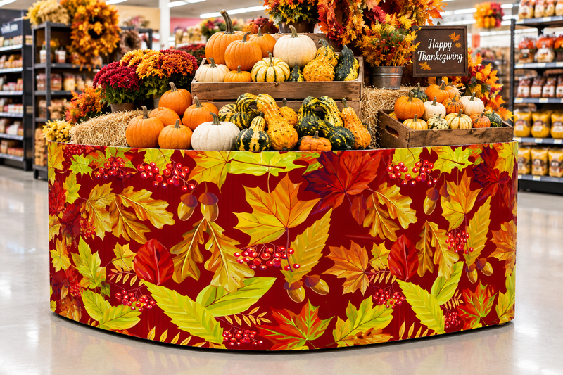 Fall corrugated base pallet wrap on a retail store Thanksgiving pumpkin display