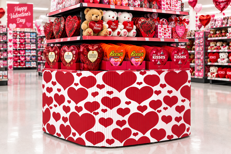 Valentine's Red Hearts corrugated base pallet wrap on a retail store candy and gifts end cap display